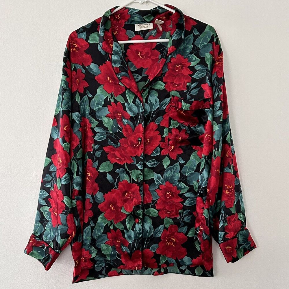Vtg Gold Label Victoria’s Secret Button Night Shirt Floral Red Flower L Sleep